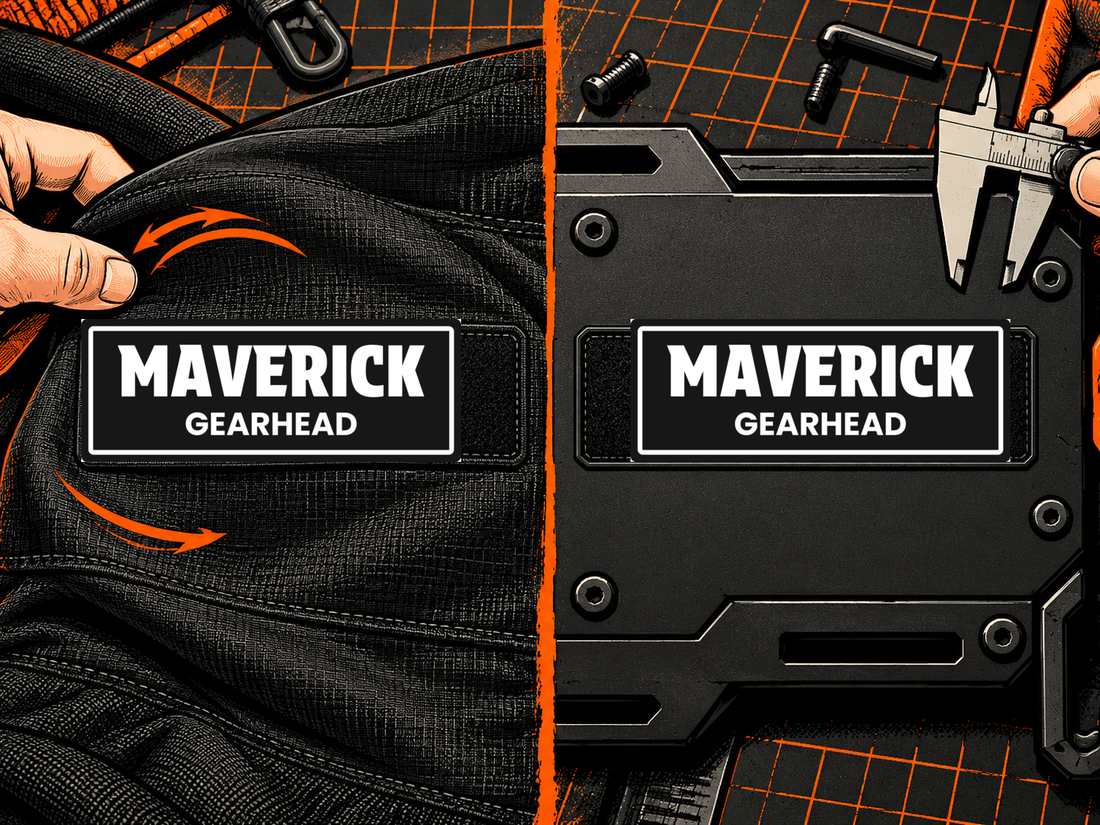LOSTGEAR MAVERICK patch shown on flexible fabric and a rigid panel