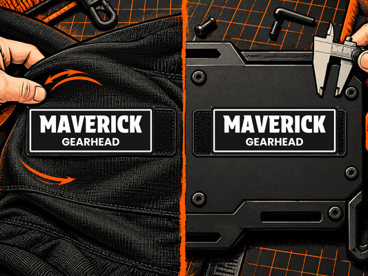 LOSTGEAR MAVERICK patch shown on flexible fabric and a rigid panel
