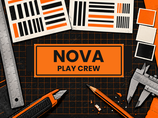 Orange LOSTGEAR NOVA name patch on a graphic design workbench