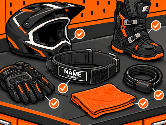 Illustrated pre-event gear check with a LOSTGEAR name-patch collar