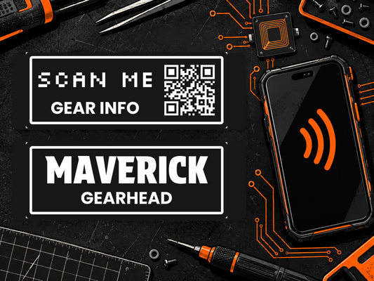 LOSTGEAR QR code and name patches beside an NFC-enabled phone