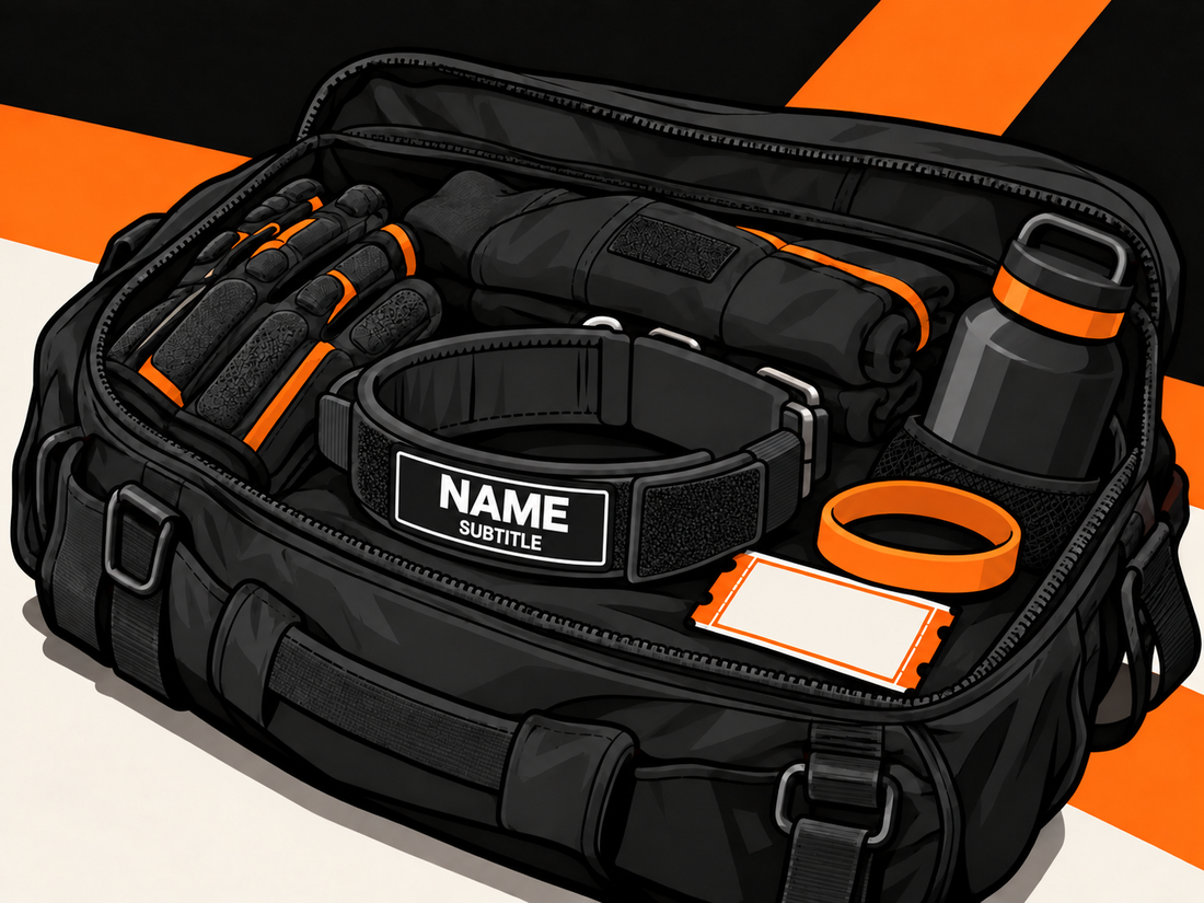Illustrated event bag packed with gear and a LOSTGEAR name-patch collar
